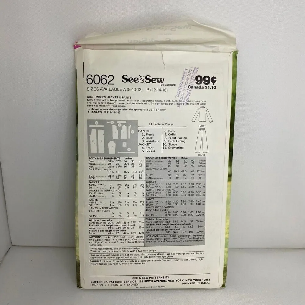 #6062 Butterick Misses Jacket and Pants Sewing Pattern SIZE 12-16